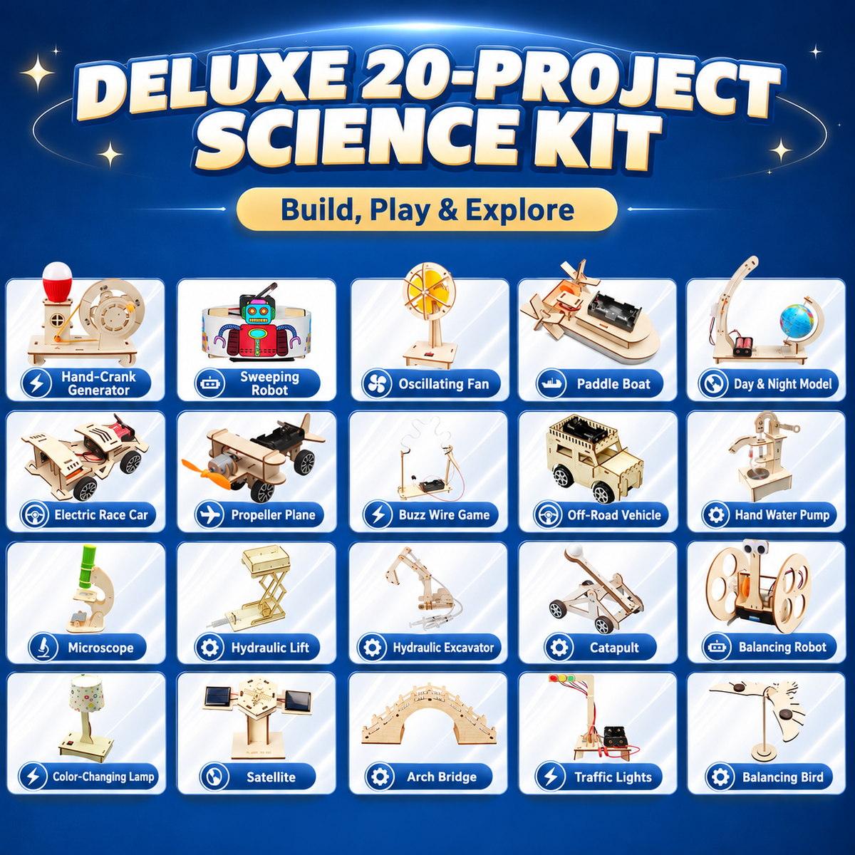 20-Project Deluxe DIY STEM Science Kit for Kids project contents