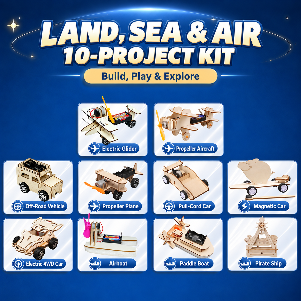 Land, Sea & Air 10-Project STEM Science Kit for Kids project contents