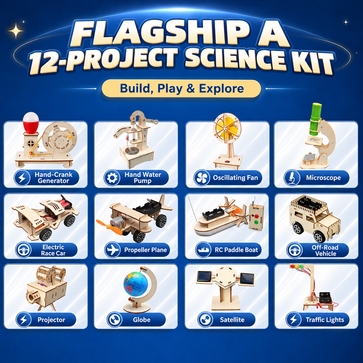 Flagship A 12-Project STEM Science Kit for Kids project contents